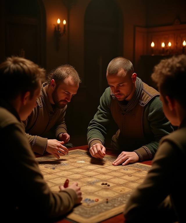 Professioneel team dat deelneemt aan een strategisch bordspel in een sfeervolle, historische setting.